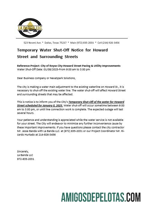 em branco EUA Texas La Banda Business Utility Bill Aviso de desligamento de água, modelo Word e PDF